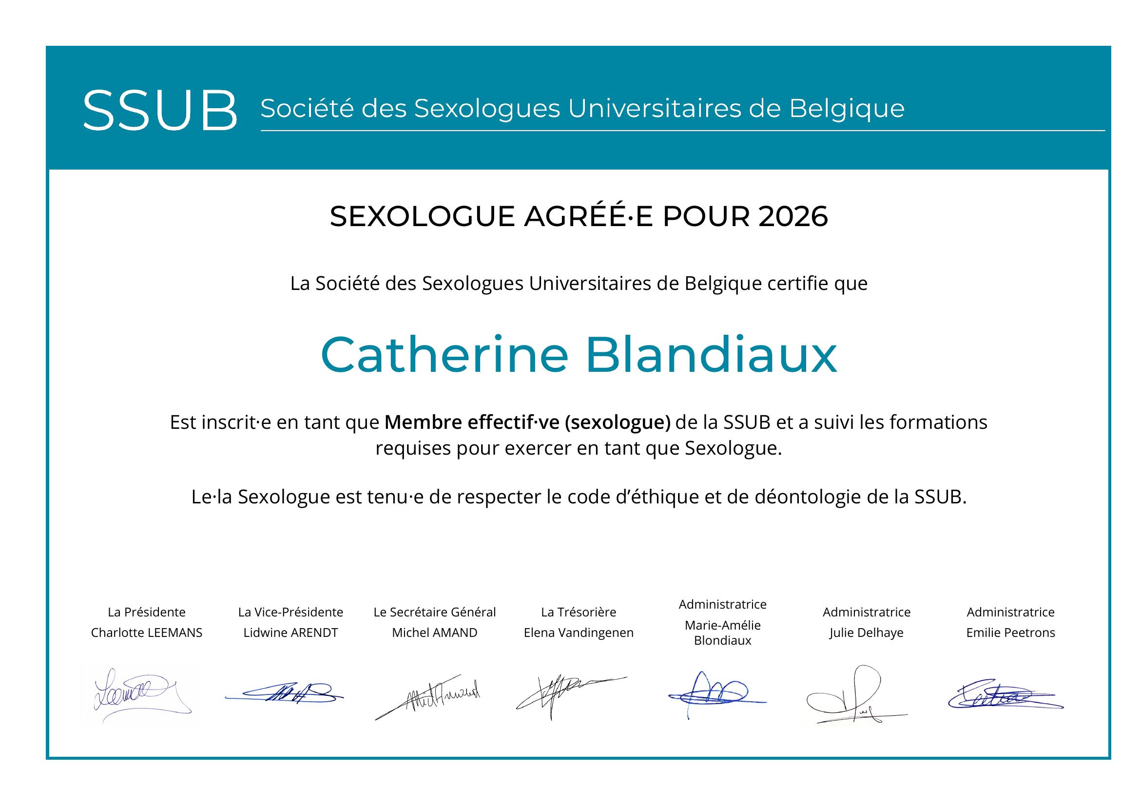Aperçu du certificat de sexologie clinique délivré par la SSUB à Catherine Blandiaux